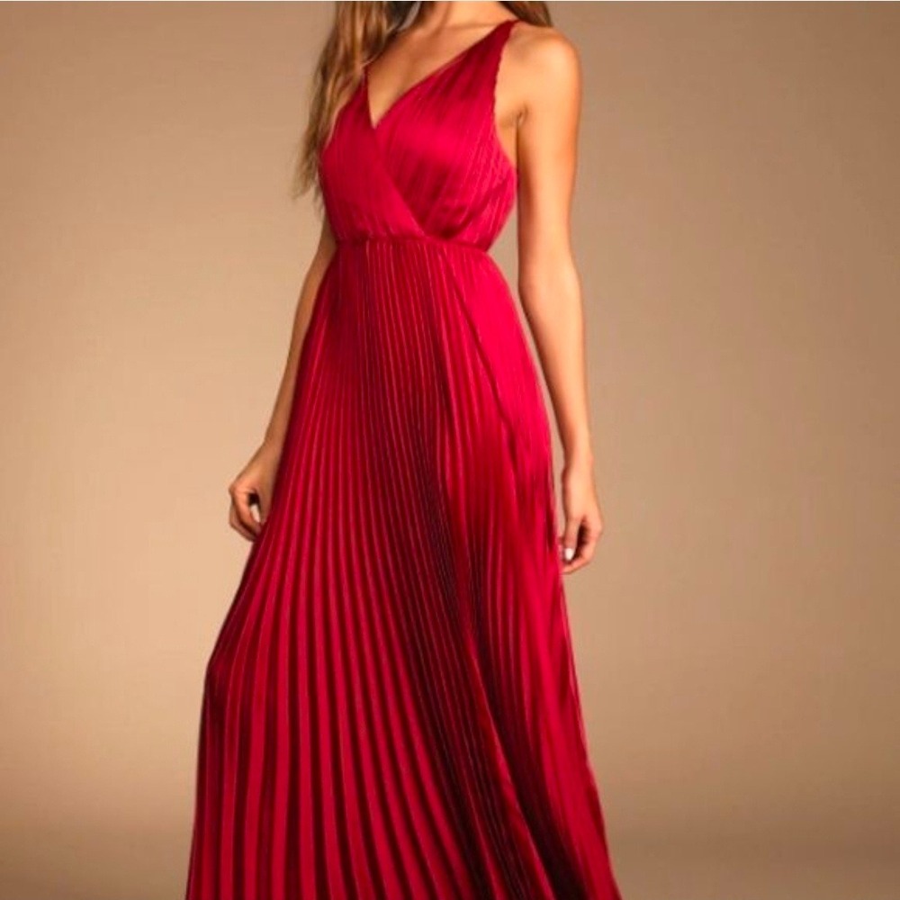 Lulus Magenta Wine Red Pleated Satin Maxi Dress Open Back Surplice Gown NWT